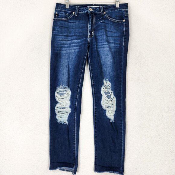Kancan Jeans Womens 29 Blue Mid Rise Distressed Raw Hem Stretch Straight Leg - Picture 1 of 10